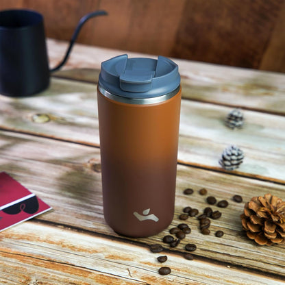 16oz Travel Coffee Mug with Lid, Insulated Stainless Tumbler | Caramel; BPA-free, leak-proof travel mug for hot coffee, iced coffee, office, home, camping, commute & daily use