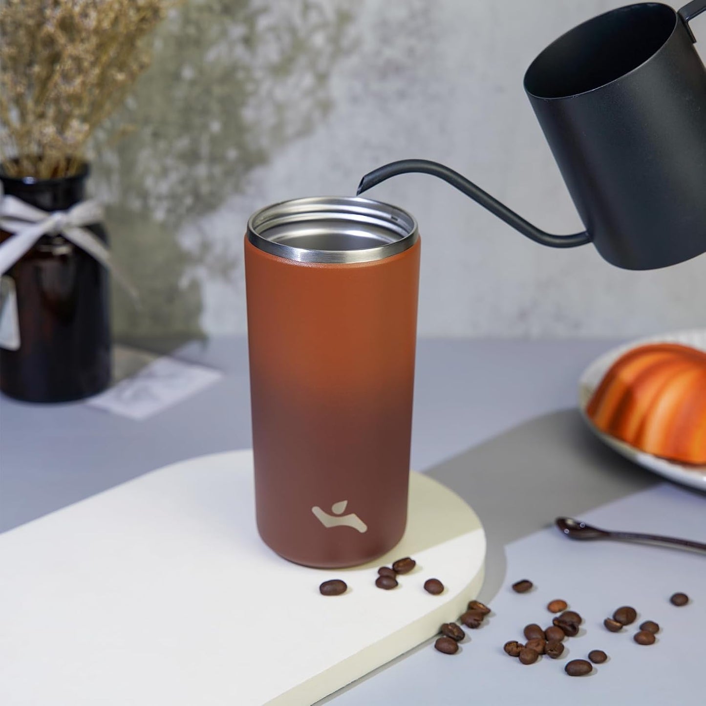 16oz Travel Coffee Mug with Lid, Insulated Stainless Tumbler | Caramel; BPA-free, leak-proof travel mug for hot coffee, iced coffee, office, home, camping, commute & daily use