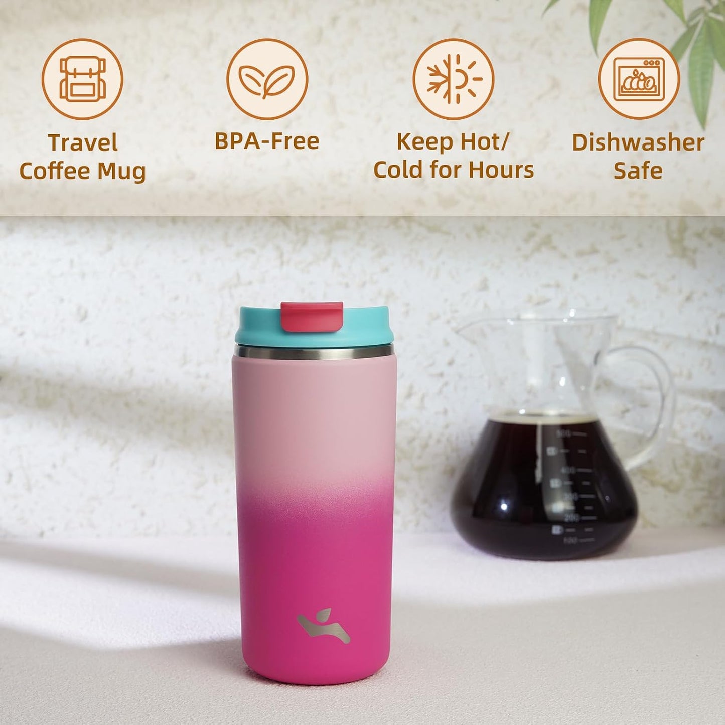 16oz Travel Coffee Mug with Lid, Insulated Stainless Tumbler | Caramel; BPA-free, leak-proof travel mug for hot coffee, iced coffee, office, home, camping, commute & daily use