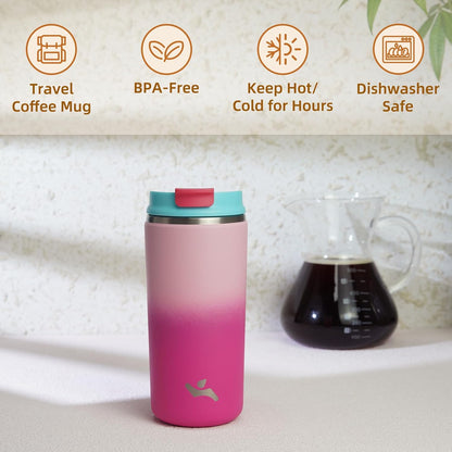 16oz Travel Coffee Mug with Lid, Insulated Stainless Tumbler | Caramel; BPA-free, leak-proof travel mug for hot coffee, iced coffee, office, home, camping, commute & daily use