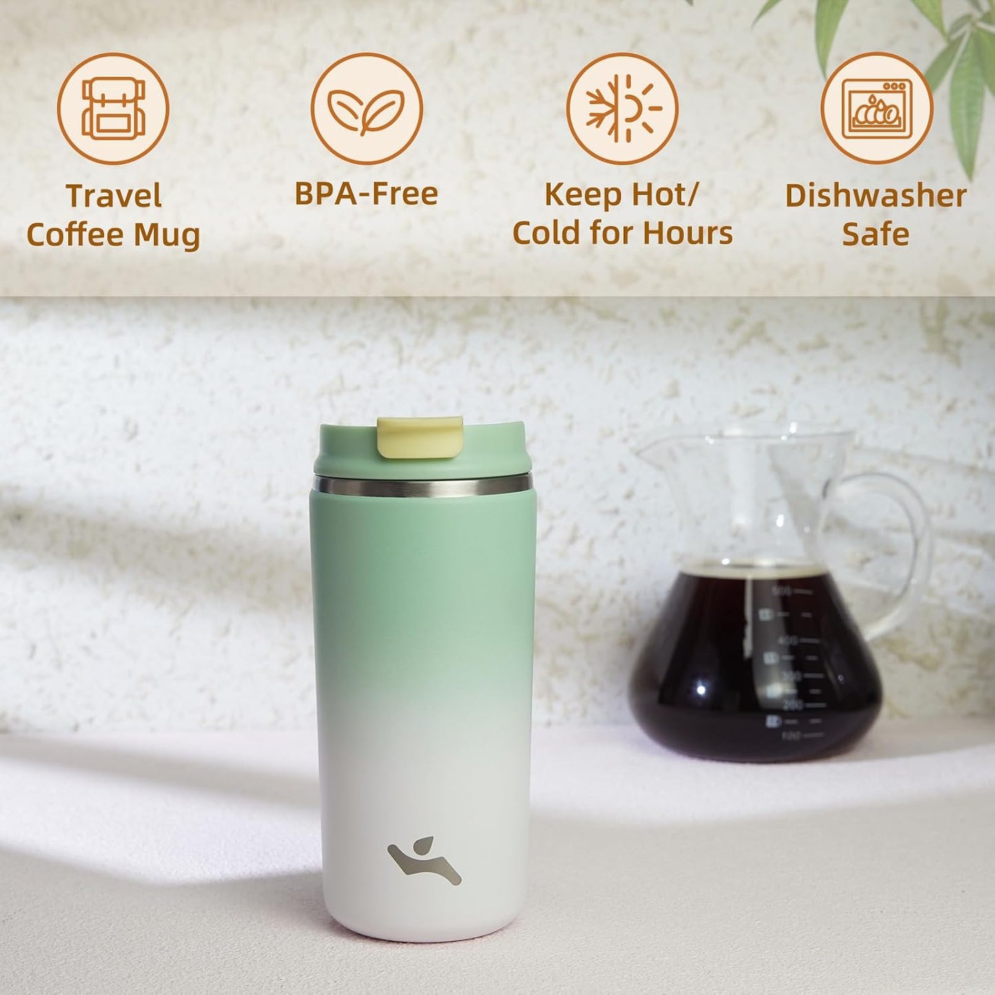 16oz Travel Coffee Mug with Lid, Insulated Stainless Tumbler | Caramel; BPA-free, leak-proof travel mug for hot coffee, iced coffee, office, home, camping, commute & daily use