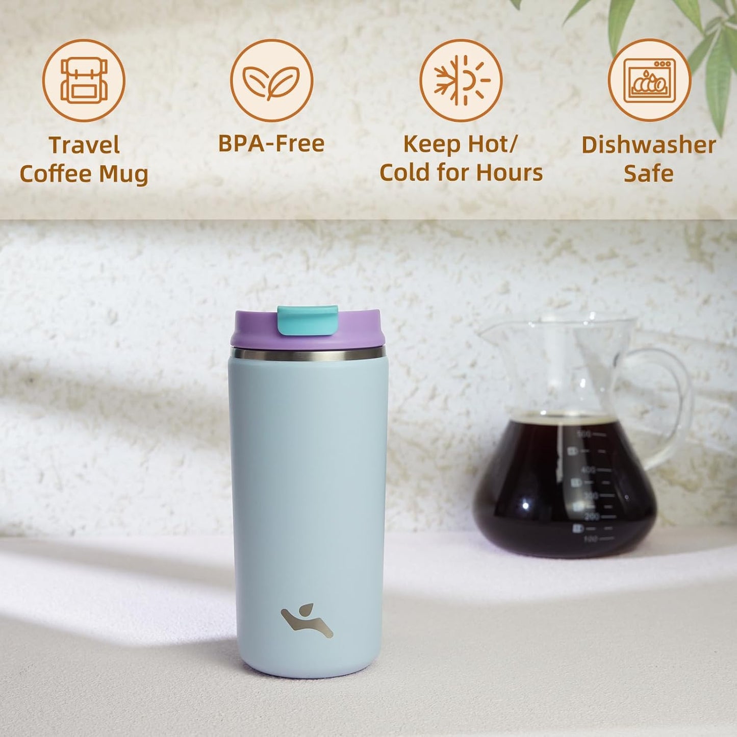 16oz Travel Coffee Mug with Lid, Insulated Stainless Tumbler | Caramel; BPA-free, leak-proof travel mug for hot coffee, iced coffee, office, home, camping, commute & daily use