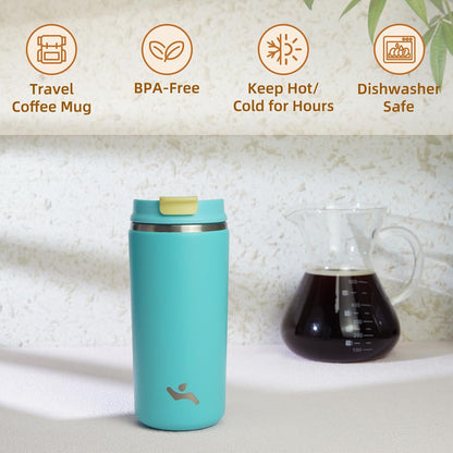 16oz Travel Coffee Mug with Lid, Insulated Stainless Tumbler | Caramel; BPA-free, leak-proof travel mug for hot coffee, iced coffee, office, home, camping, commute & daily use