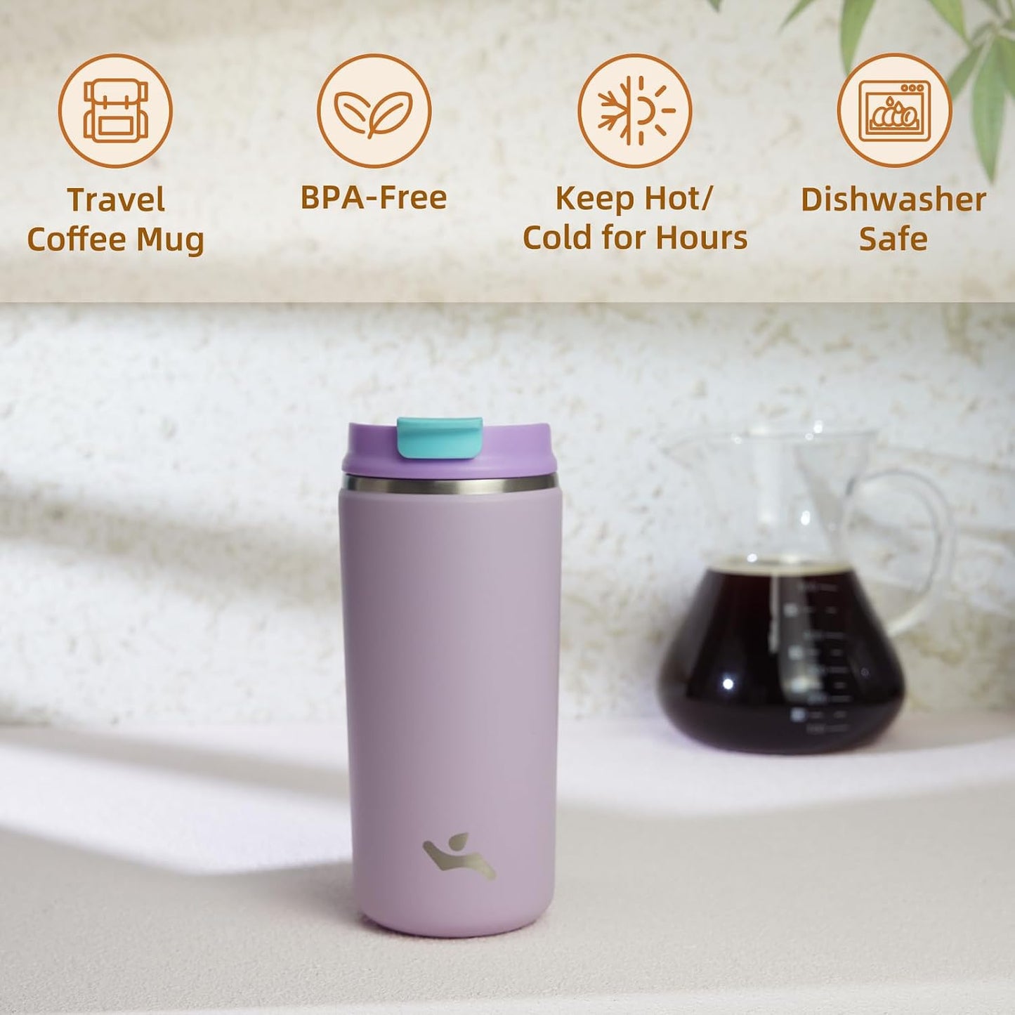 16oz Travel Coffee Mug with Lid, Insulated Stainless Tumbler | Caramel; BPA-free, leak-proof travel mug for hot coffee, iced coffee, office, home, camping, commute & daily use