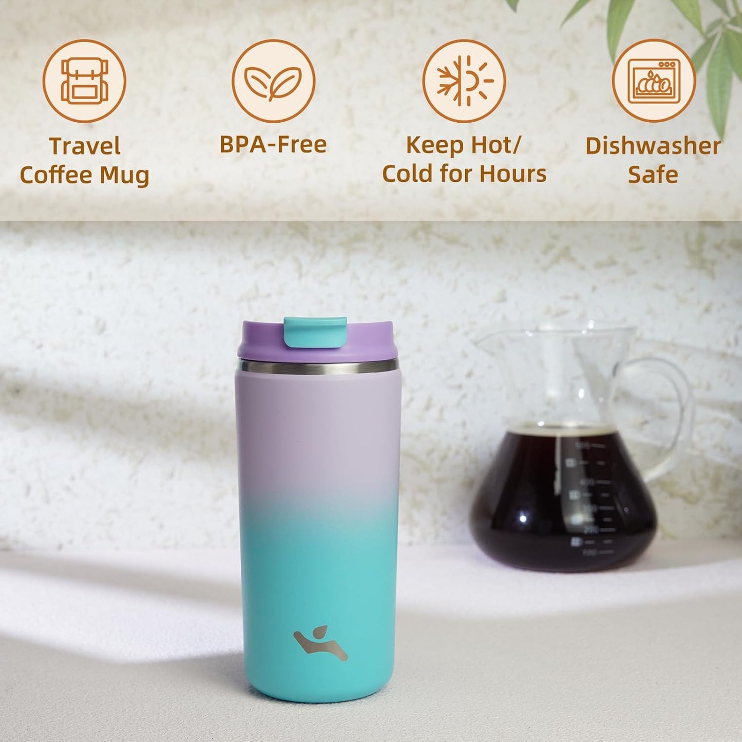 16oz Travel Coffee Mug with Lid, Insulated Stainless Tumbler | Caramel; BPA-free, leak-proof travel mug for hot coffee, iced coffee, office, home, camping, commute & daily use