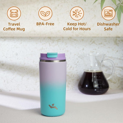 16oz Travel Coffee Mug with Lid, Insulated Stainless Tumbler | Caramel; BPA-free, leak-proof travel mug for hot coffee, iced coffee, office, home, camping, commute & daily use