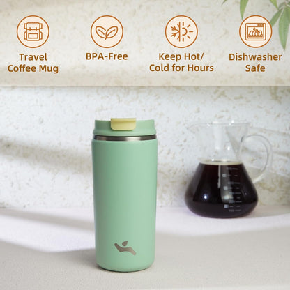 16oz Travel Coffee Mug with Lid, Insulated Stainless Tumbler | Caramel; BPA-free, leak-proof travel mug for hot coffee, iced coffee, office, home, camping, commute & daily use