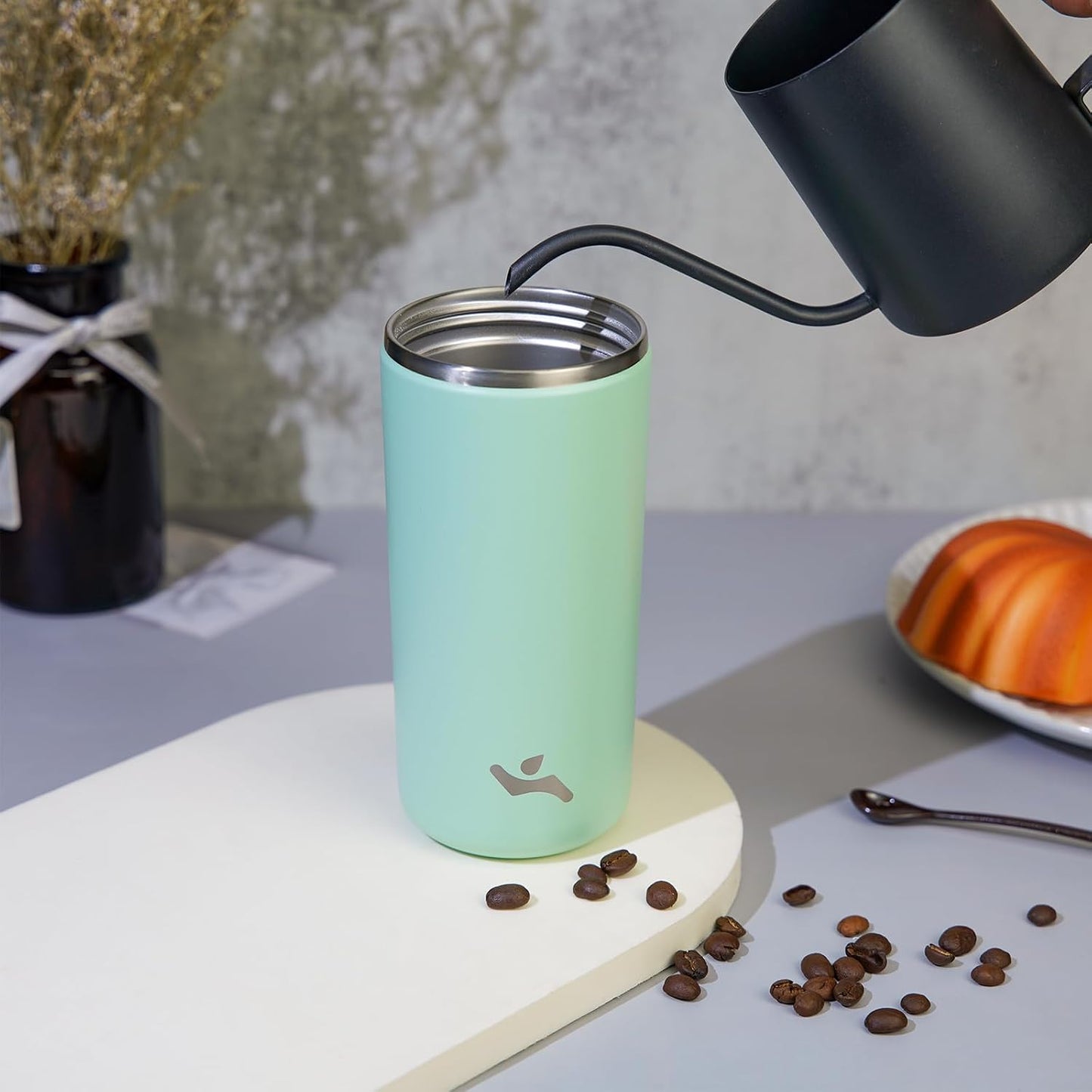 16oz Travel Coffee Mug with Lid, Insulated Stainless Tumbler | Caramel; BPA-free, leak-proof travel mug for hot coffee, iced coffee, office, home, camping, commute & daily use