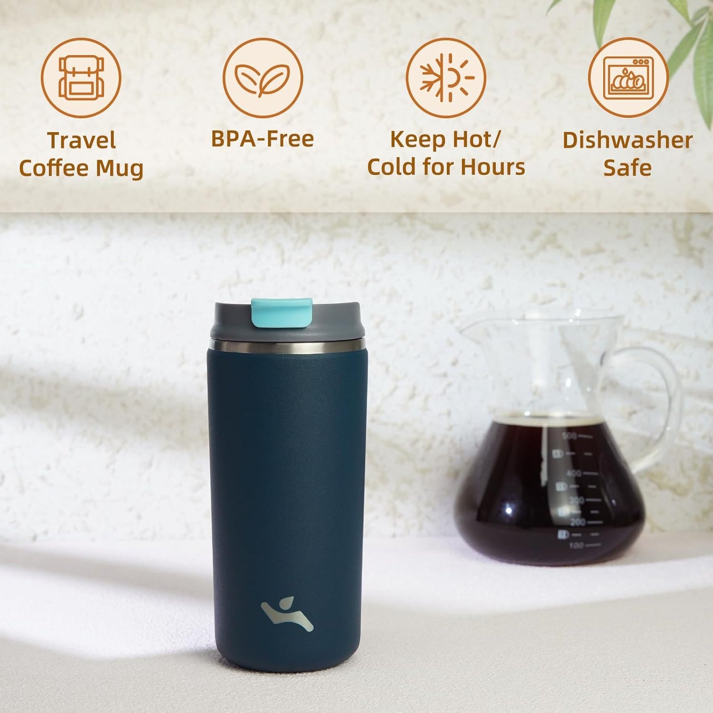 16oz Travel Coffee Mug with Lid, Insulated Stainless Tumbler | Caramel; BPA-free, leak-proof travel mug for hot coffee, iced coffee, office, home, camping, commute & daily use