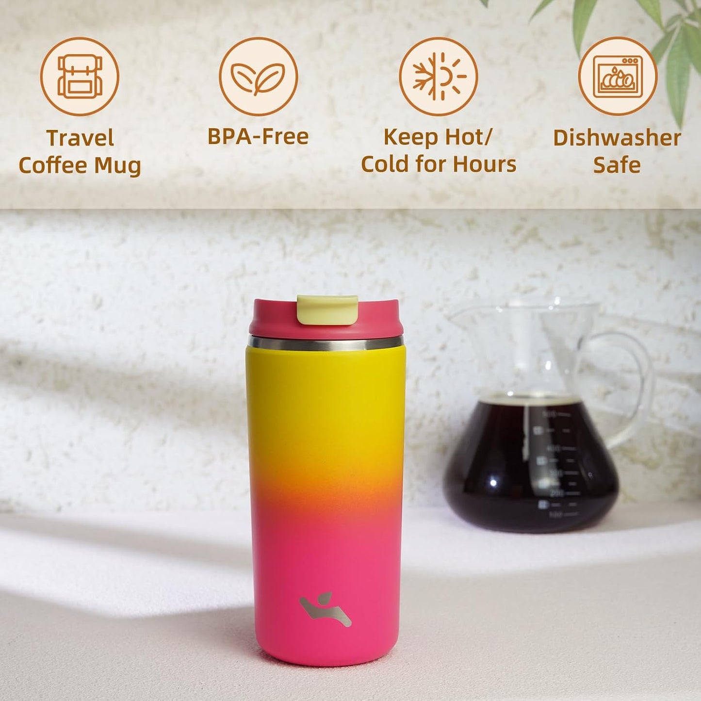 16oz Travel Coffee Mug with Lid, Insulated Stainless Tumbler | Caramel; BPA-free, leak-proof travel mug for hot coffee, iced coffee, office, home, camping, commute & daily use