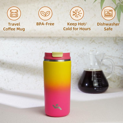 16oz Travel Coffee Mug with Lid, Insulated Stainless Tumbler | Caramel; BPA-free, leak-proof travel mug for hot coffee, iced coffee, office, home, camping, commute & daily use