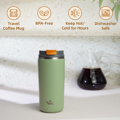 16oz Travel Coffee Mug with Lid, Insulated Stainless Tumbler | Caramel; BPA-free, leak-proof travel mug for hot coffee, iced coffee, office, home, camping, commute & daily use