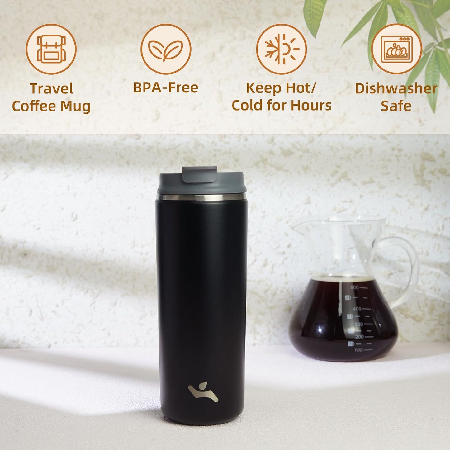 16oz Travel Coffee Mug with Lid, Insulated Stainless Tumbler | Caramel; BPA-free, leak-proof travel mug for hot coffee, iced coffee, office, home, camping, commute & daily use