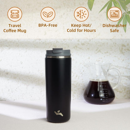 16oz Travel Coffee Mug with Lid, Insulated Stainless Tumbler | Caramel; BPA-free, leak-proof travel mug for hot coffee, iced coffee, office, home, camping, commute & daily use