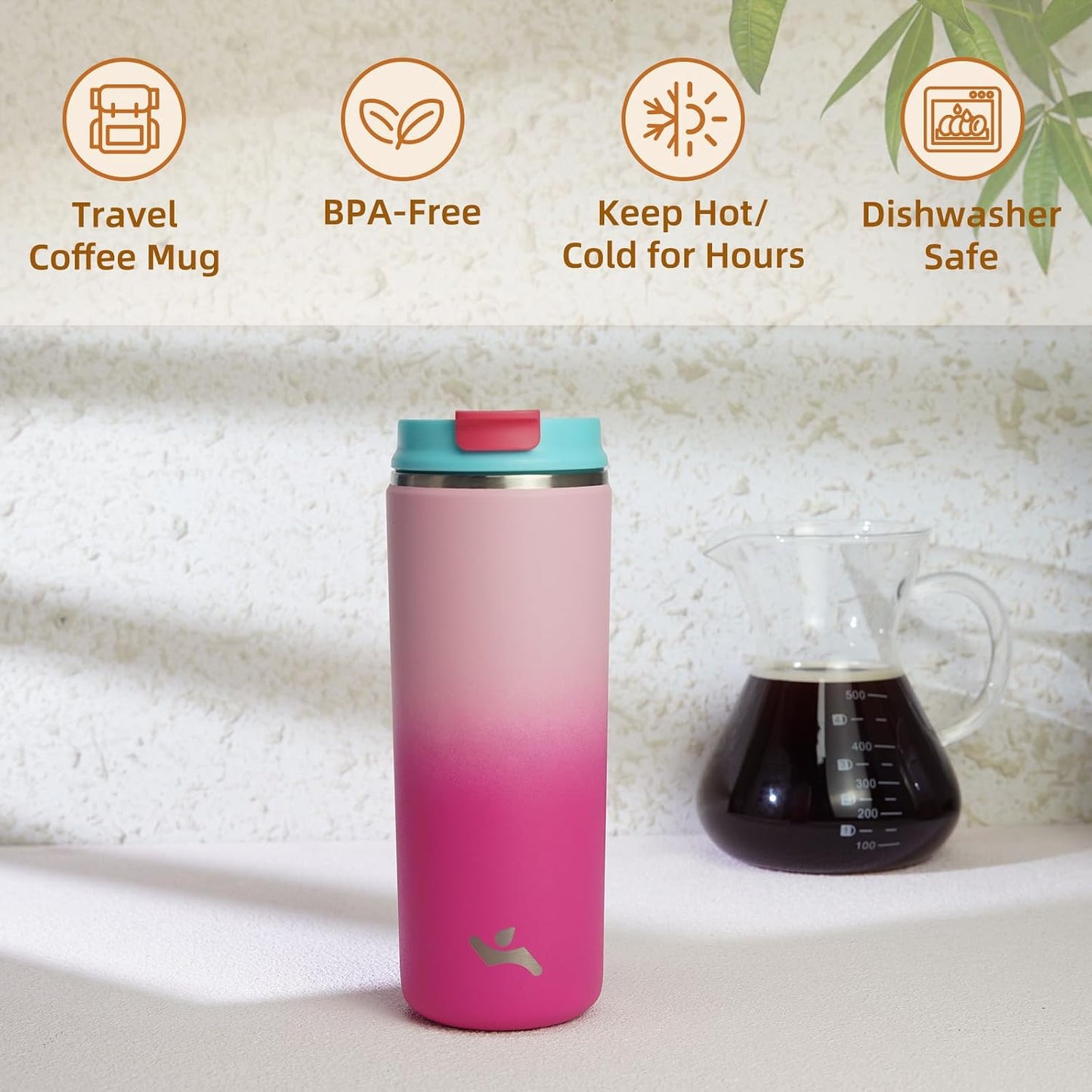 16oz Travel Coffee Mug with Lid, Insulated Stainless Tumbler | Caramel; BPA-free, leak-proof travel mug for hot coffee, iced coffee, office, home, camping, commute & daily use