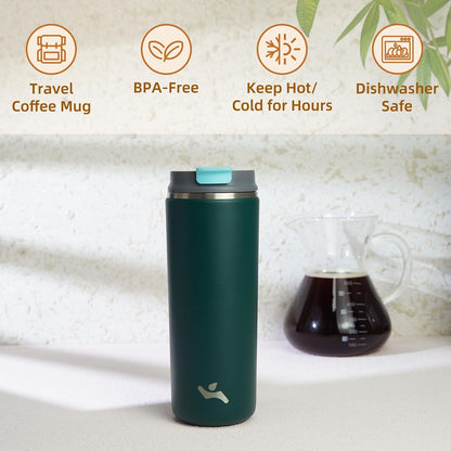 16oz Travel Coffee Mug with Lid, Insulated Stainless Tumbler | Caramel; BPA-free, leak-proof travel mug for hot coffee, iced coffee, office, home, camping, commute & daily use