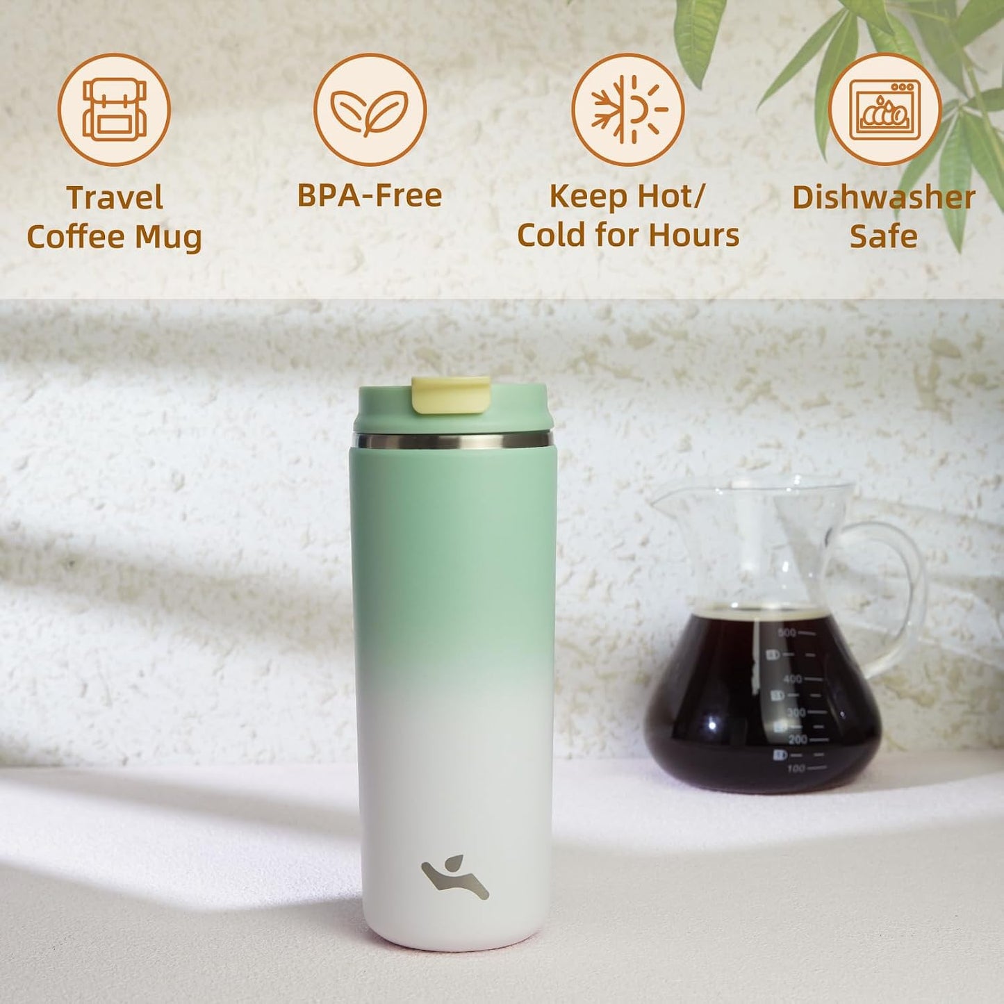 16oz Travel Coffee Mug with Lid, Insulated Stainless Tumbler | Caramel; BPA-free, leak-proof travel mug for hot coffee, iced coffee, office, home, camping, commute & daily use