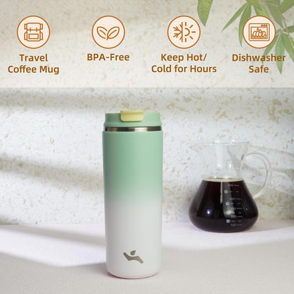 16oz Travel Coffee Mug with Lid, Insulated Stainless Tumbler | Caramel; BPA-free, leak-proof travel mug for hot coffee, iced coffee, office, home, camping, commute & daily use