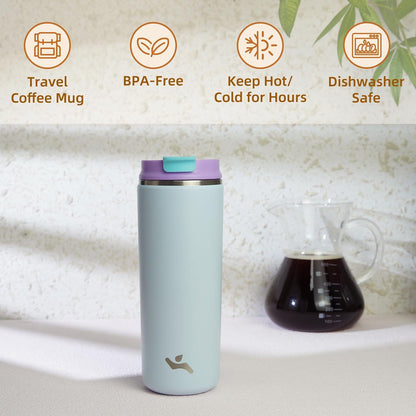 16oz Travel Coffee Mug with Lid, Insulated Stainless Tumbler | Caramel; BPA-free, leak-proof travel mug for hot coffee, iced coffee, office, home, camping, commute & daily use