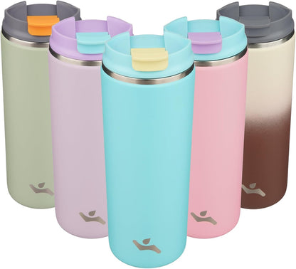 16oz Travel Coffee Mug with Lid, Insulated Stainless Tumbler | Caramel; BPA-free, leak-proof travel mug for hot coffee, iced coffee, office, home, camping, commute & daily use