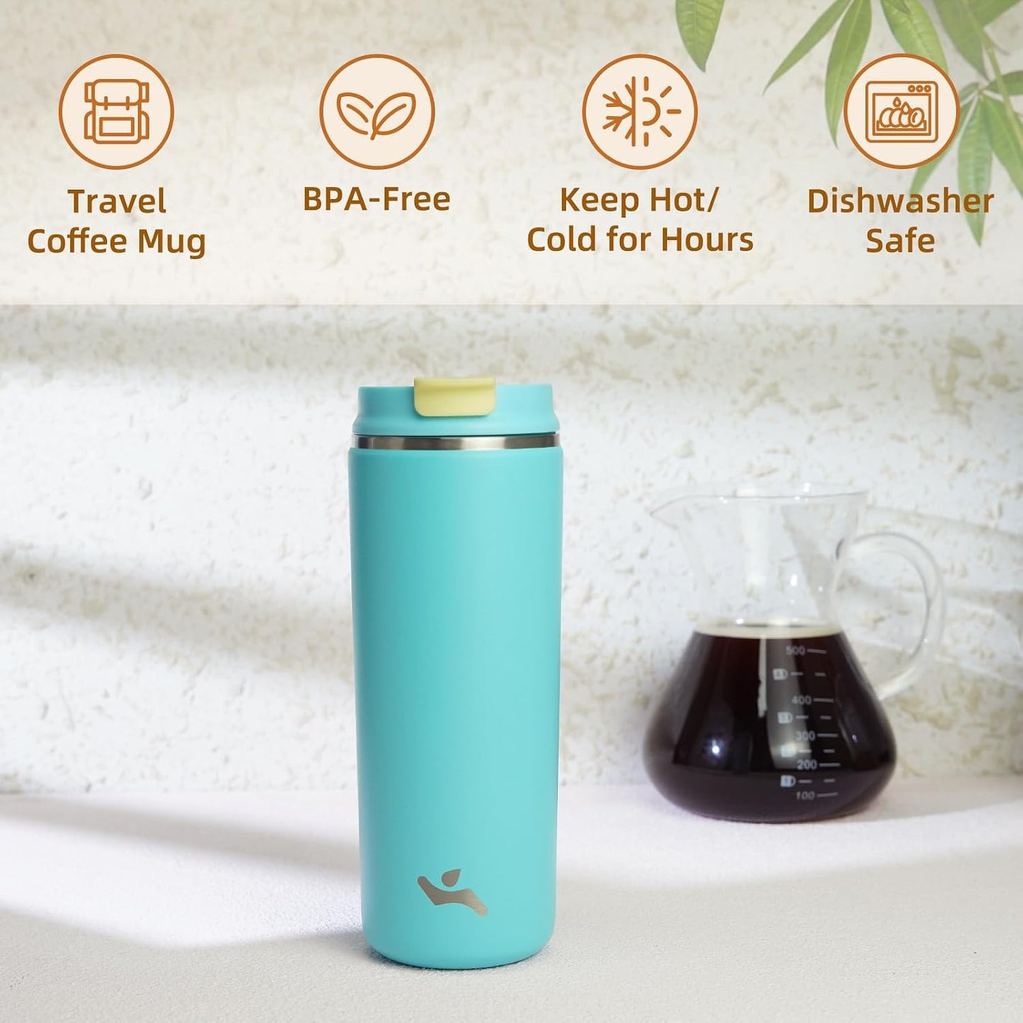 16oz Travel Coffee Mug with Lid, Insulated Stainless Tumbler | Caramel; BPA-free, leak-proof travel mug for hot coffee, iced coffee, office, home, camping, commute & daily use