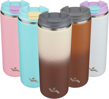 16oz Travel Coffee Mug with Lid, Insulated Stainless Tumbler | Caramel; BPA-free, leak-proof travel mug for hot coffee, iced coffee, office, home, camping, commute & daily use