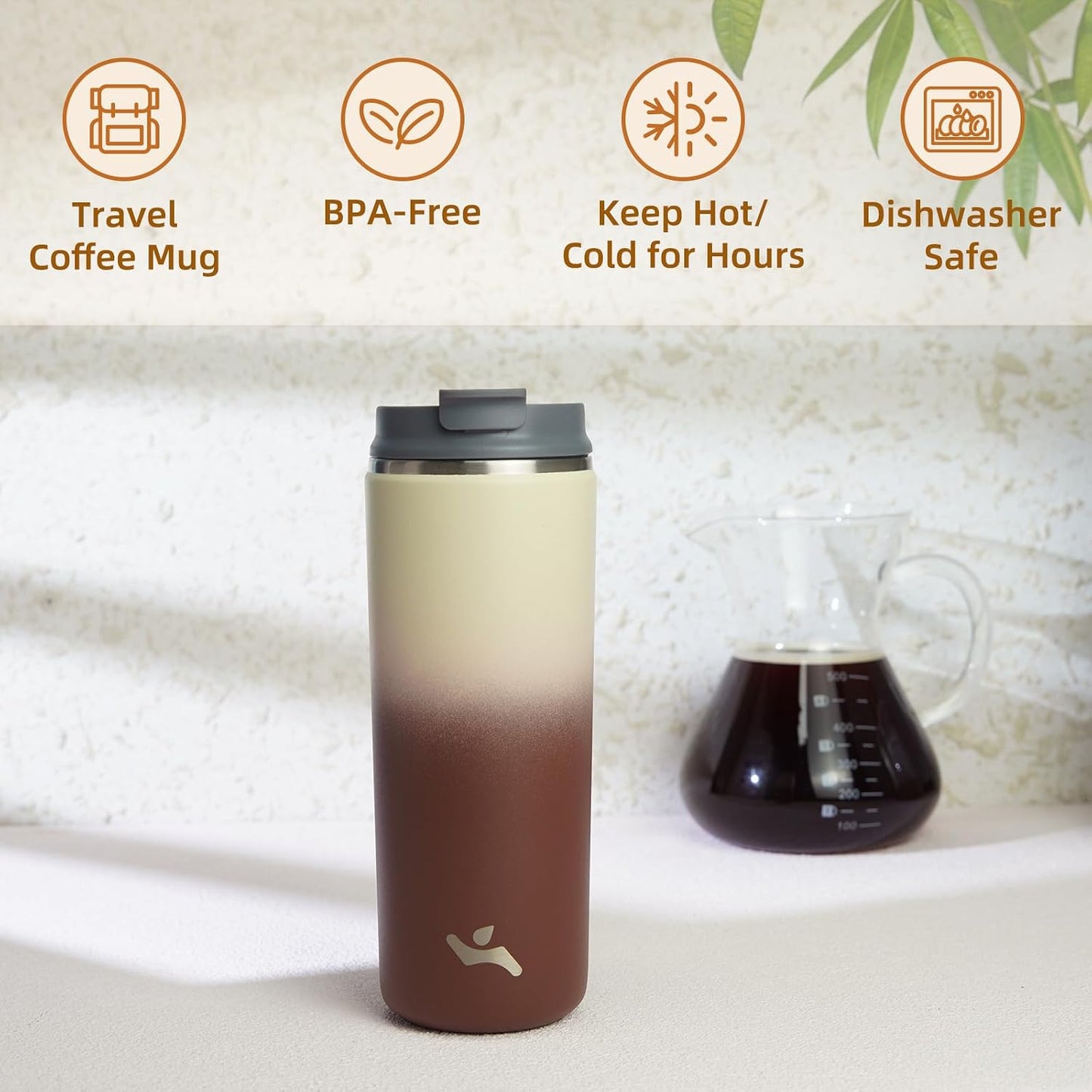 16oz Travel Coffee Mug with Lid, Insulated Stainless Tumbler | Caramel; BPA-free, leak-proof travel mug for hot coffee, iced coffee, office, home, camping, commute & daily use