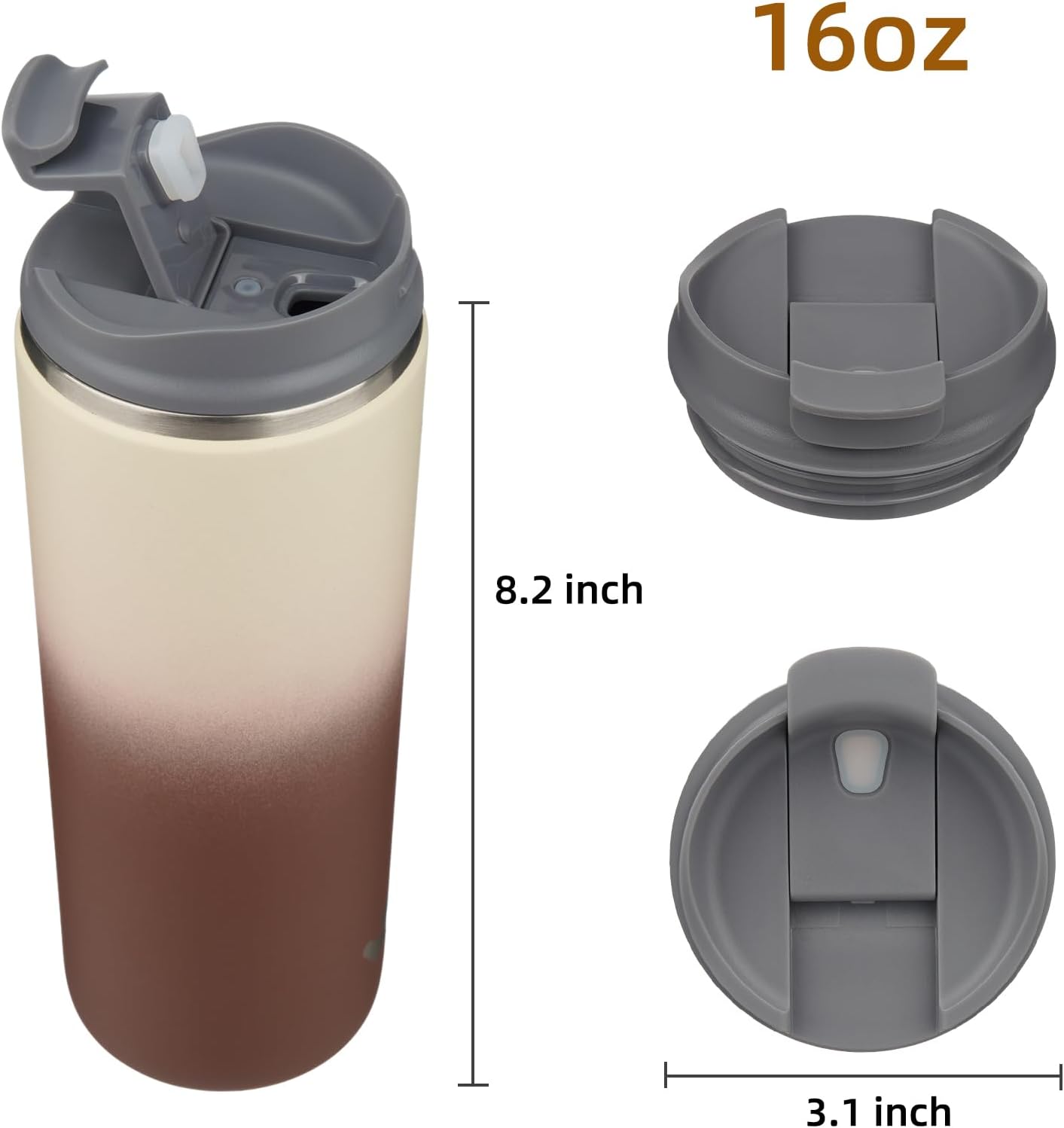 16oz Travel Coffee Mug with Lid, Insulated Stainless Tumbler | Caramel; BPA-free, leak-proof travel mug for hot coffee, iced coffee, office, home, camping, commute & daily use