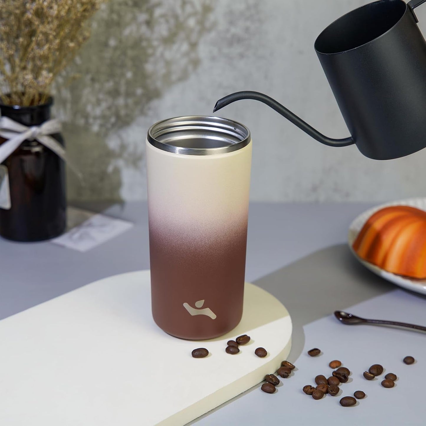 16oz Travel Coffee Mug with Lid, Insulated Stainless Tumbler | Caramel; BPA-free, leak-proof travel mug for hot coffee, iced coffee, office, home, camping, commute & daily use