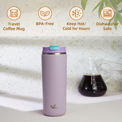 16oz Travel Coffee Mug with Lid, Insulated Stainless Tumbler | Caramel; BPA-free, leak-proof travel mug for hot coffee, iced coffee, office, home, camping, commute & daily use