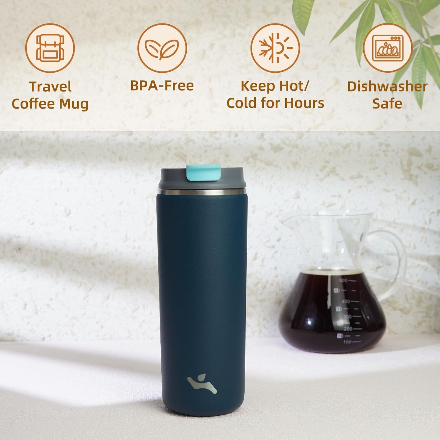16oz Travel Coffee Mug with Lid, Insulated Stainless Tumbler | Caramel; BPA-free, leak-proof travel mug for hot coffee, iced coffee, office, home, camping, commute & daily use