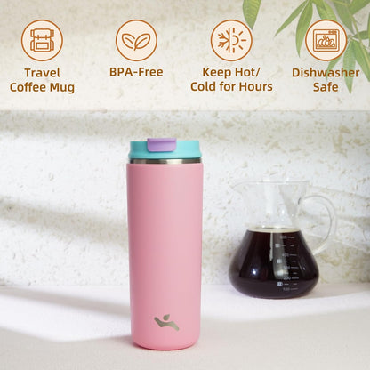 16oz Travel Coffee Mug with Lid, Insulated Stainless Tumbler | Caramel; BPA-free, leak-proof travel mug for hot coffee, iced coffee, office, home, camping, commute & daily use
