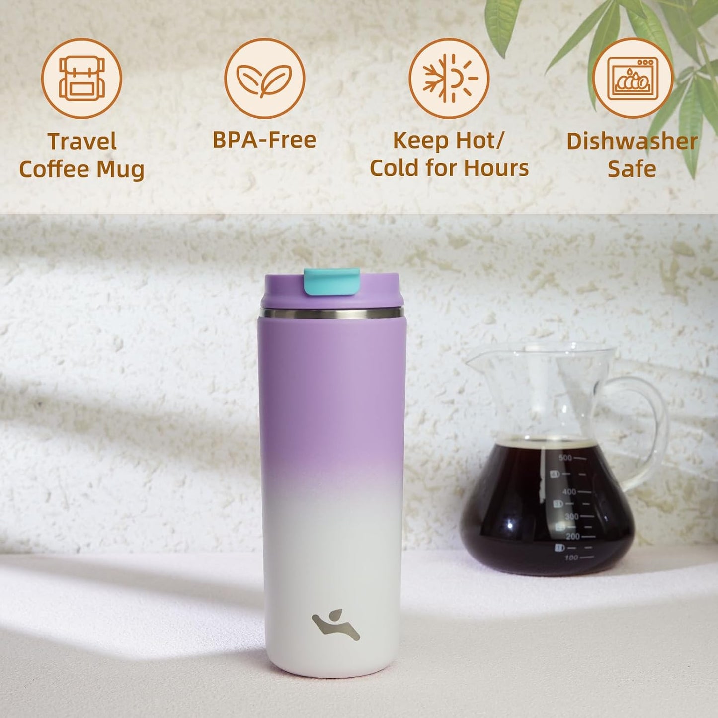 16oz Travel Coffee Mug with Lid, Insulated Stainless Tumbler | Caramel; BPA-free, leak-proof travel mug for hot coffee, iced coffee, office, home, camping, commute & daily use