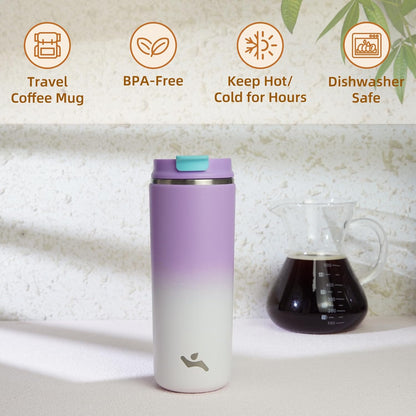 16oz Travel Coffee Mug with Lid, Insulated Stainless Tumbler | Caramel; BPA-free, leak-proof travel mug for hot coffee, iced coffee, office, home, camping, commute & daily use