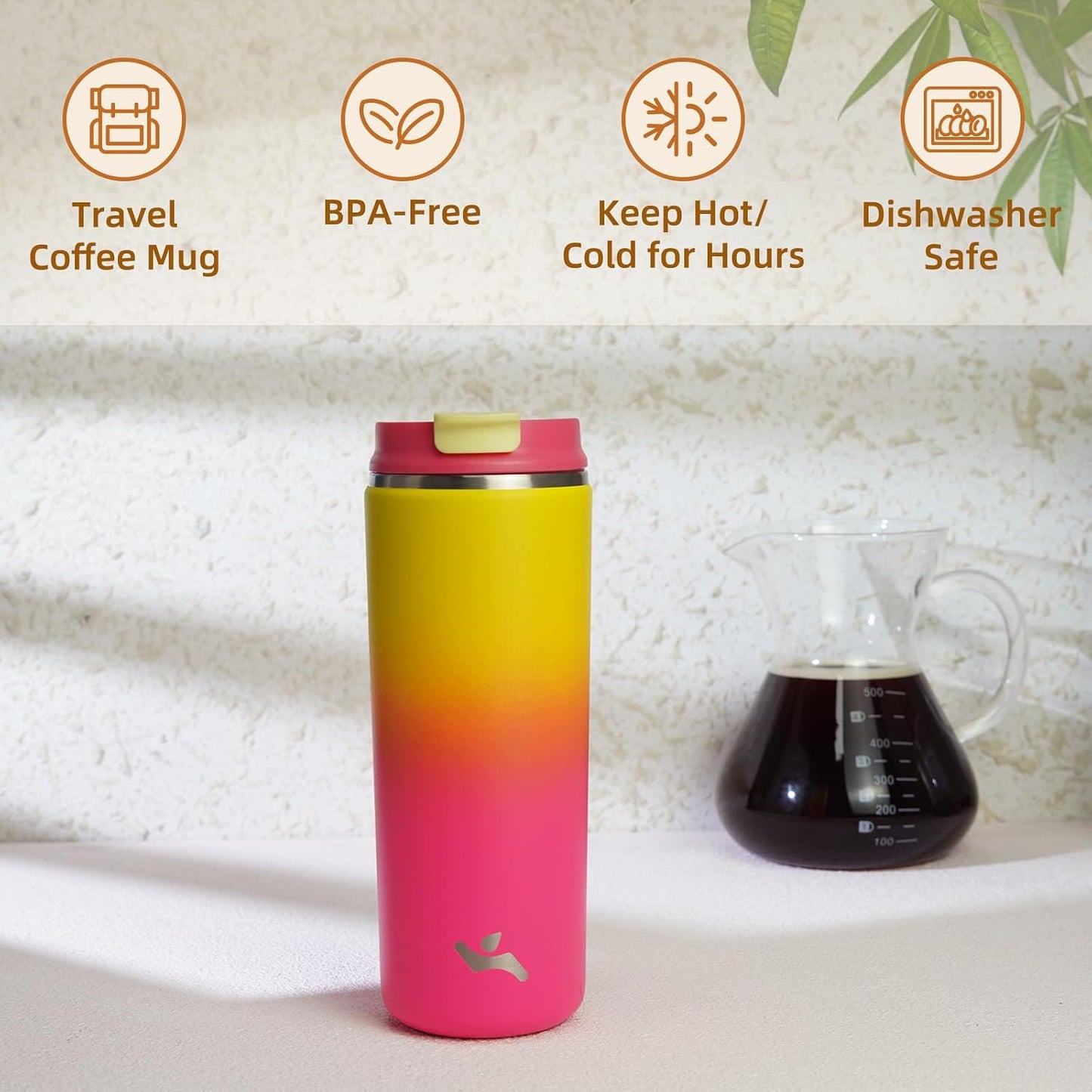 16oz Travel Coffee Mug with Lid, Insulated Stainless Tumbler | Caramel; BPA-free, leak-proof travel mug for hot coffee, iced coffee, office, home, camping, commute & daily use
