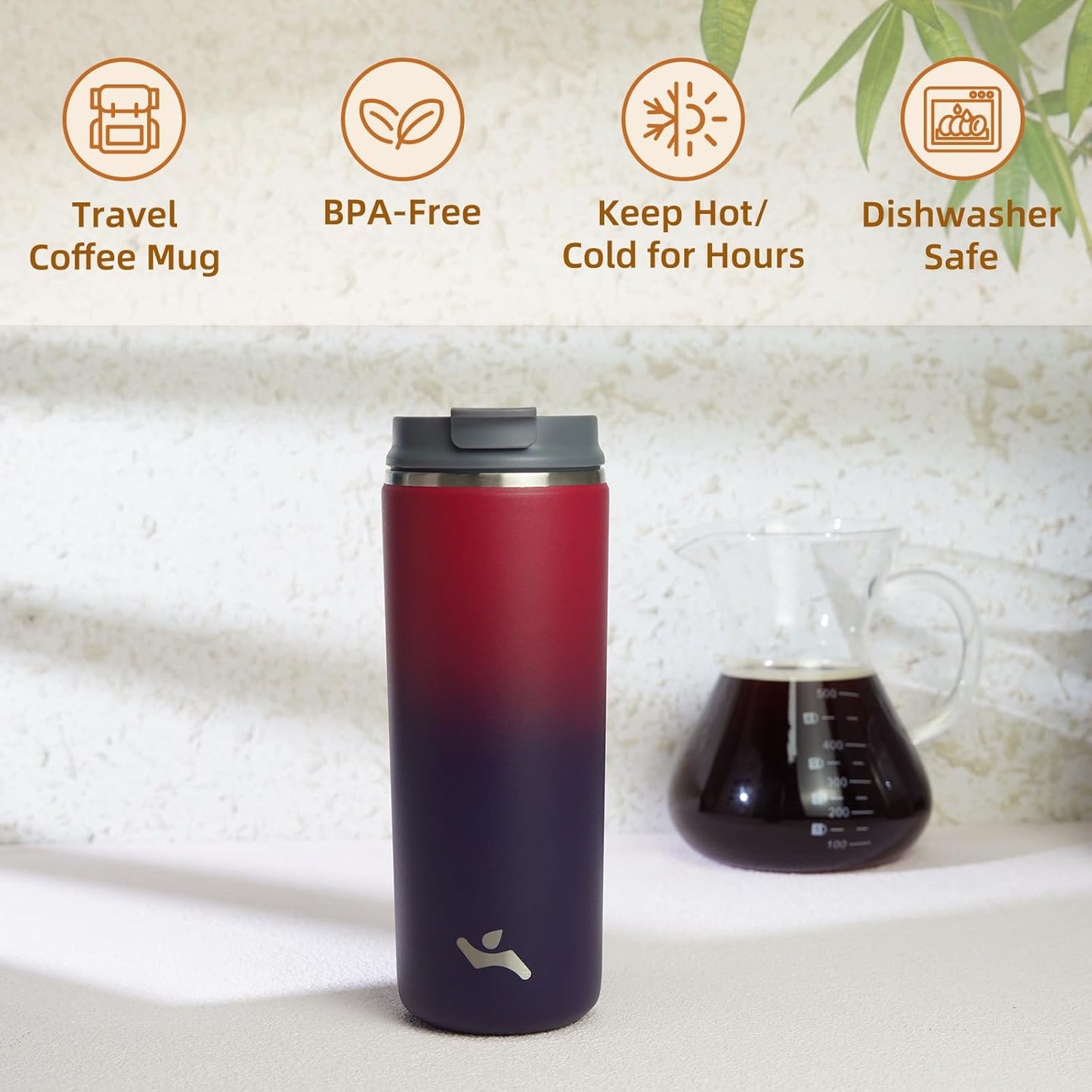 16oz Travel Coffee Mug with Lid, Insulated Stainless Tumbler | Caramel; BPA-free, leak-proof travel mug for hot coffee, iced coffee, office, home, camping, commute & daily use