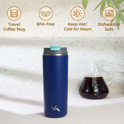 16oz Travel Coffee Mug with Lid, Insulated Stainless Tumbler | Caramel; BPA-free, leak-proof travel mug for hot coffee, iced coffee, office, home, camping, commute & daily use