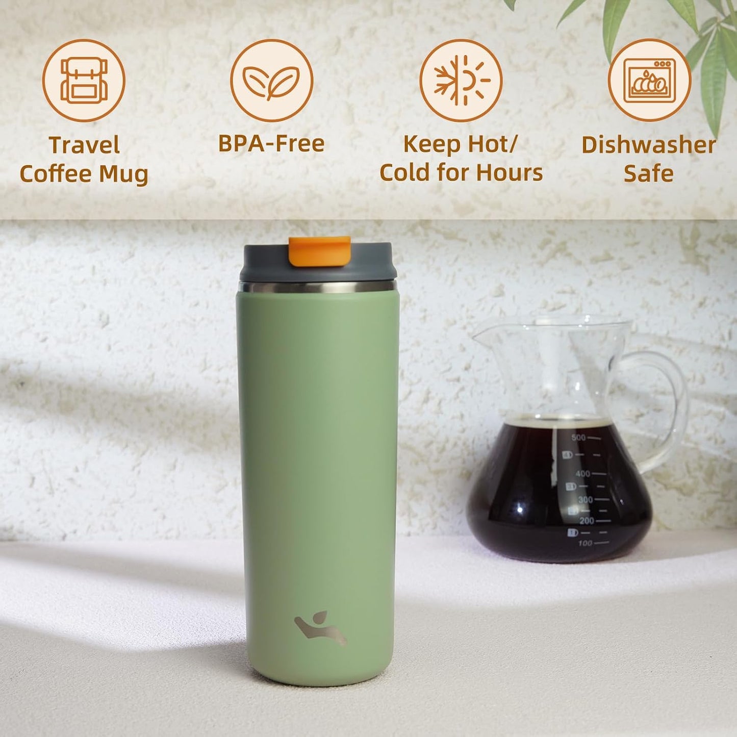 16oz Travel Coffee Mug with Lid, Insulated Stainless Tumbler | Caramel; BPA-free, leak-proof travel mug for hot coffee, iced coffee, office, home, camping, commute & daily use