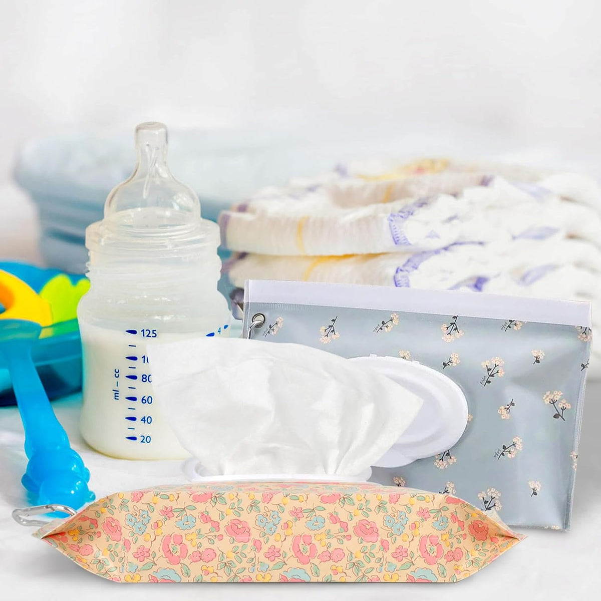 2Packs Baby Wipes Dispenser Portable Baby Wipe Holder Refillable Wet Wipes Container Reusable Travel Wipes Case, Keeps Wipes Fresh(Blue)