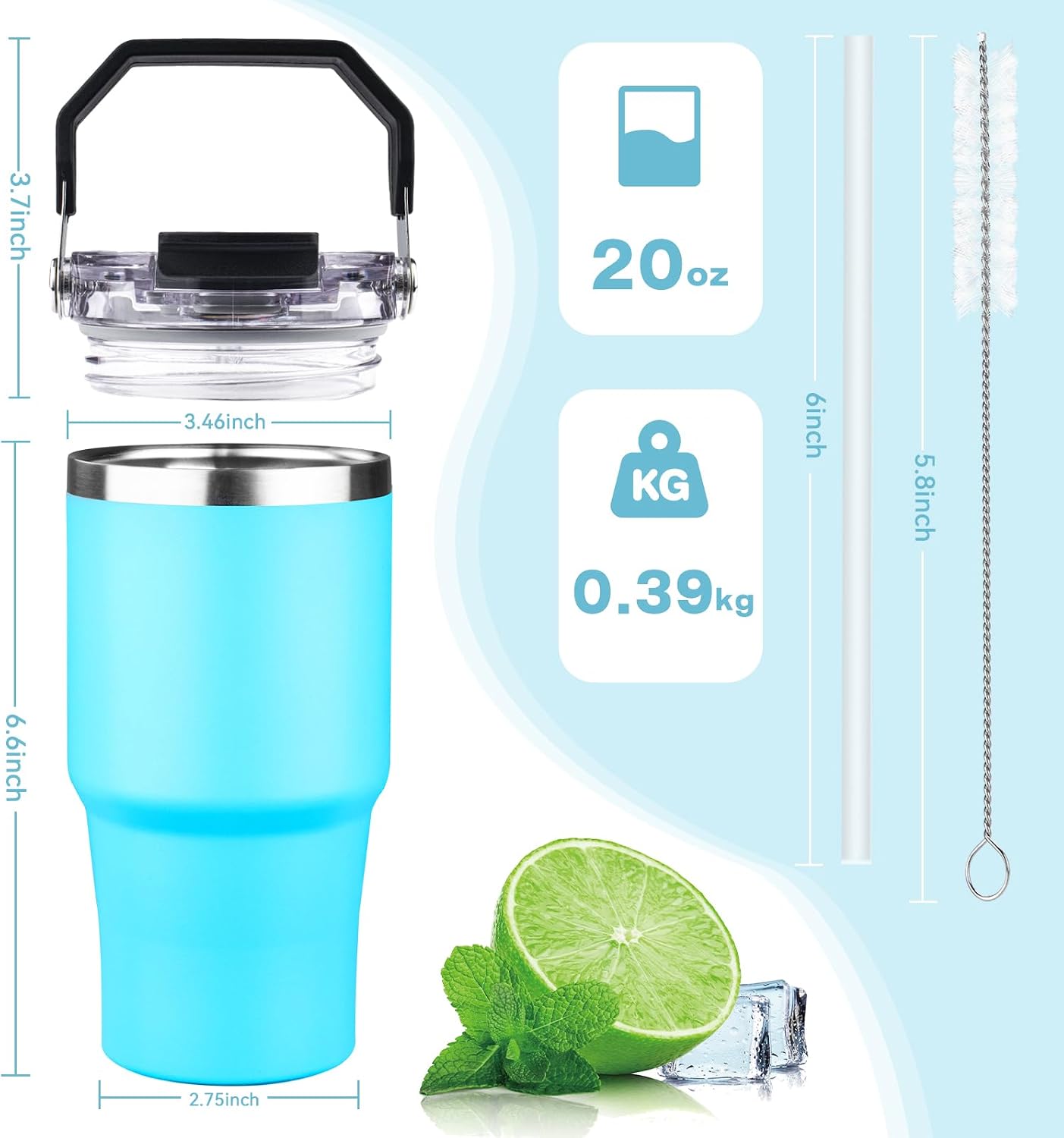 20oz Tumbler with Handle and Flip Straw Lid Double Wall Insulated Travel Coffee Mug Stainless Steel Vacuum Insulated Coffee Tumbler Cup for Hot and Cold Beverages,Leak-proof&BPA-free (20oz,Black)
