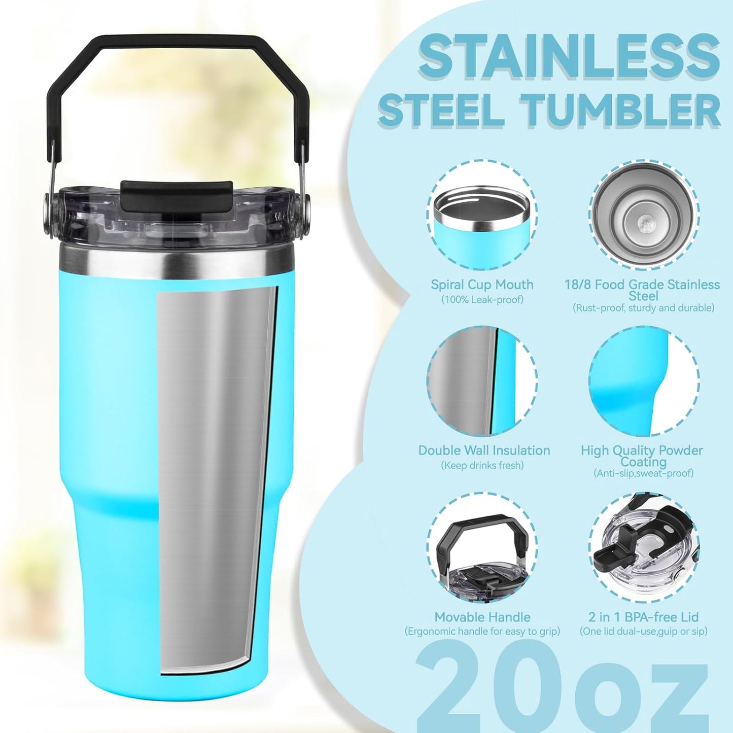 20oz Tumbler with Handle and Flip Straw Lid Double Wall Insulated Travel Coffee Mug Stainless Steel Vacuum Insulated Coffee Tumbler Cup for Hot and Cold Beverages,Leak-proof&BPA-free (20oz,Black)