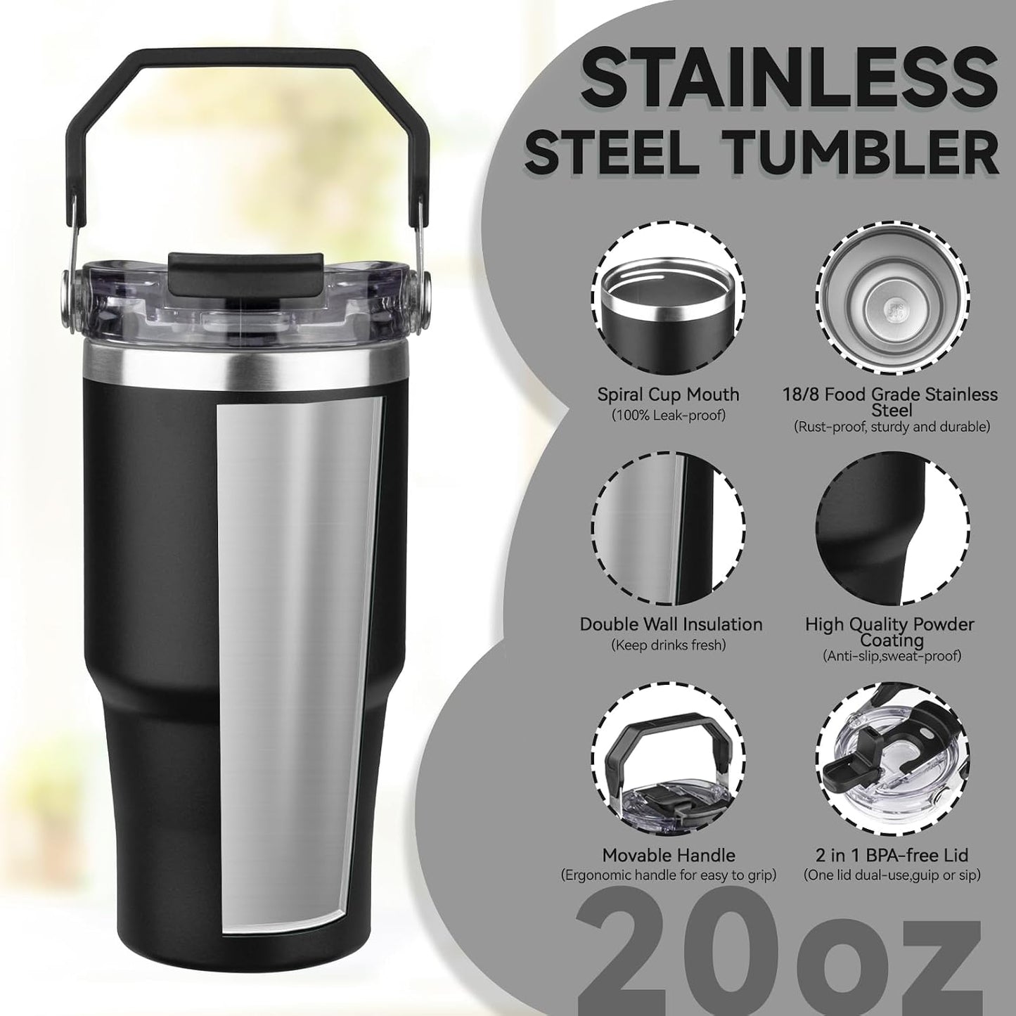 20oz Tumbler with Handle and Flip Straw Lid Double Wall Insulated Travel Coffee Mug Stainless Steel Vacuum Insulated Coffee Tumbler Cup for Hot and Cold Beverages,Leak-proof&BPA-free (20oz,Black)