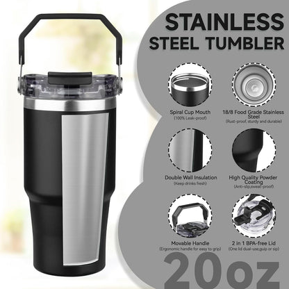 20oz Tumbler with Handle and Flip Straw Lid Double Wall Insulated Travel Coffee Mug Stainless Steel Vacuum Insulated Coffee Tumbler Cup for Hot and Cold Beverages,Leak-proof&BPA-free (20oz,Black)