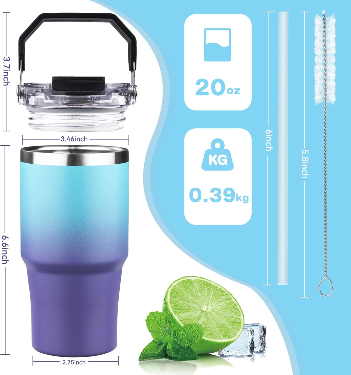 20oz Tumbler with Handle and Flip Straw Lid Double Wall Insulated Travel Coffee Mug Stainless Steel Vacuum Insulated Coffee Tumbler Cup for Hot and Cold Beverages,Leak-proof&BPA-free (20oz,Black)