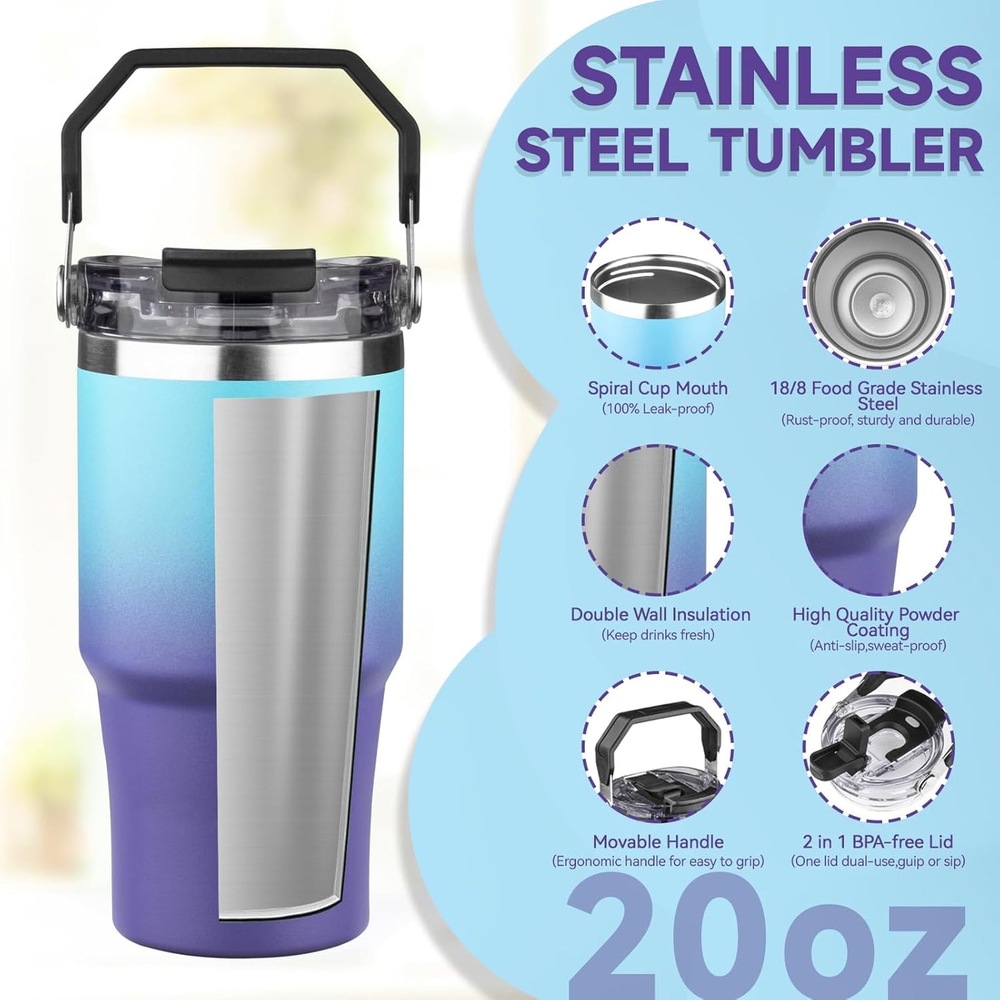 20oz Tumbler with Handle and Flip Straw Lid Double Wall Insulated Travel Coffee Mug Stainless Steel Vacuum Insulated Coffee Tumbler Cup for Hot and Cold Beverages,Leak-proof&BPA-free (20oz,Black)