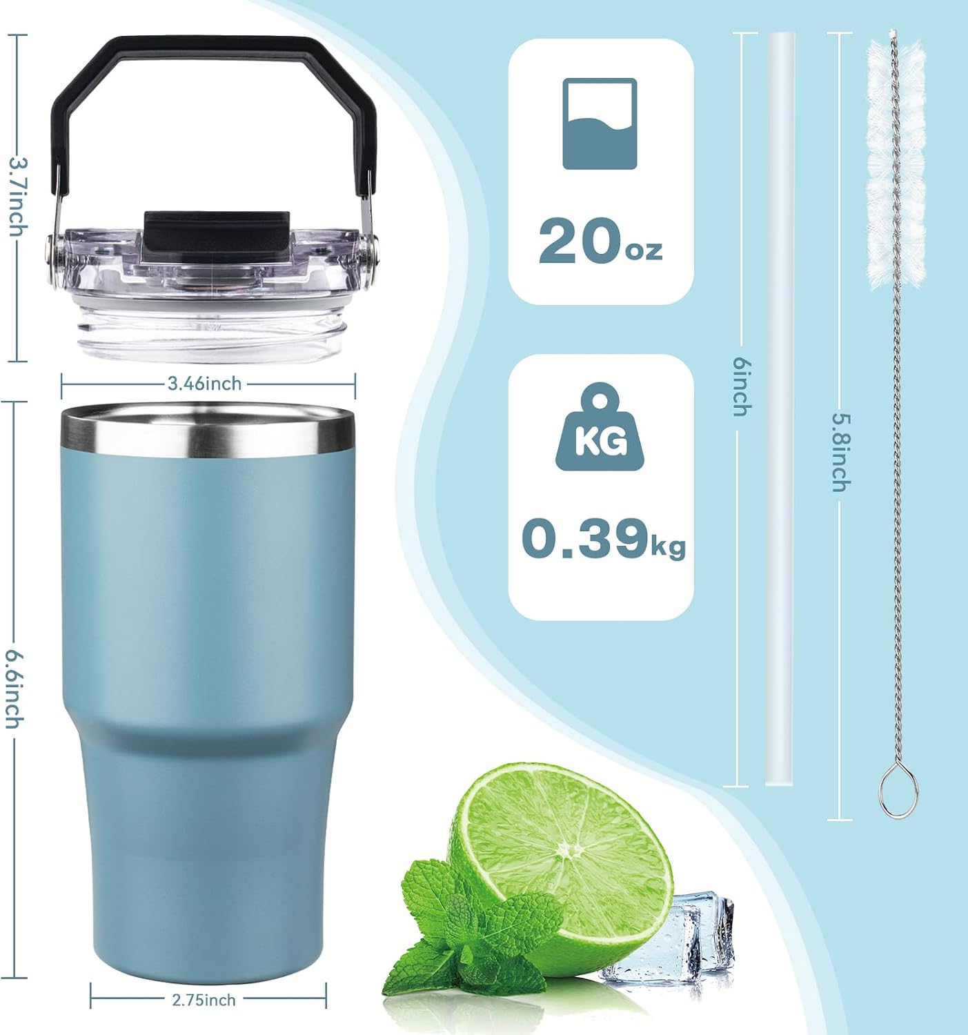 20oz Tumbler with Handle and Flip Straw Lid Double Wall Insulated Travel Coffee Mug Stainless Steel Vacuum Insulated Coffee Tumbler Cup for Hot and Cold Beverages,Leak-proof&BPA-free (20oz,Black)