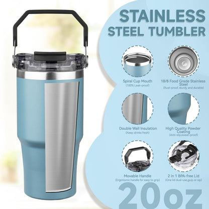 20oz Tumbler with Handle and Flip Straw Lid Double Wall Insulated Travel Coffee Mug Stainless Steel Vacuum Insulated Coffee Tumbler Cup for Hot and Cold Beverages,Leak-proof&BPA-free (20oz,Black)