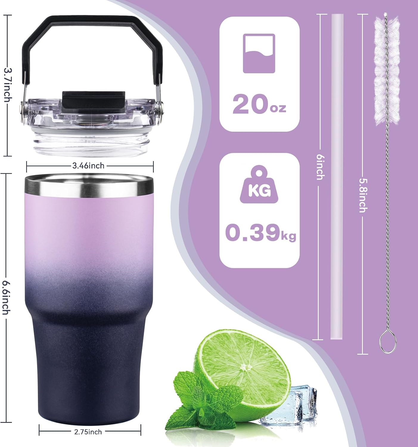 20oz Tumbler with Handle and Flip Straw Lid Double Wall Insulated Travel Coffee Mug Stainless Steel Vacuum Insulated Coffee Tumbler Cup for Hot and Cold Beverages,Leak-proof&BPA-free (20oz,Black)