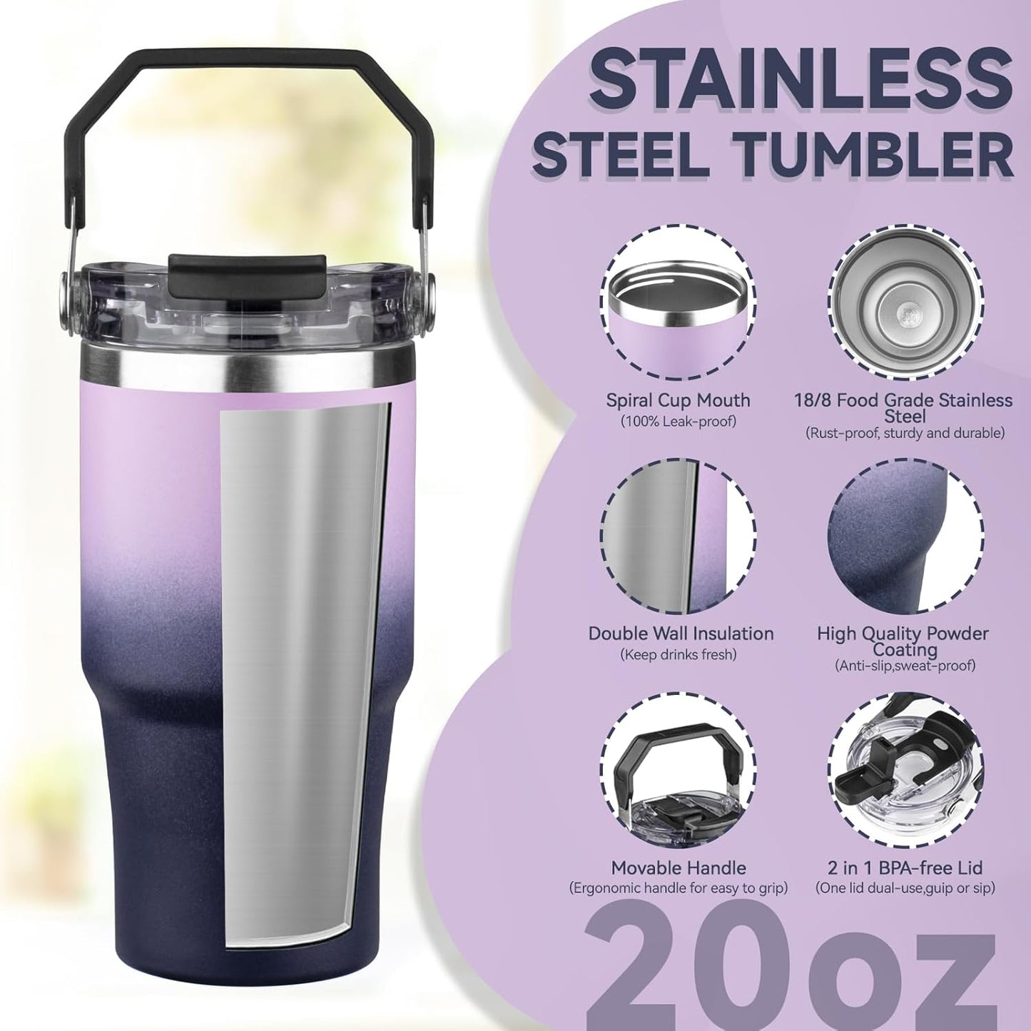 20oz Tumbler with Handle and Flip Straw Lid Double Wall Insulated Travel Coffee Mug Stainless Steel Vacuum Insulated Coffee Tumbler Cup for Hot and Cold Beverages,Leak-proof&BPA-free (20oz,Black)