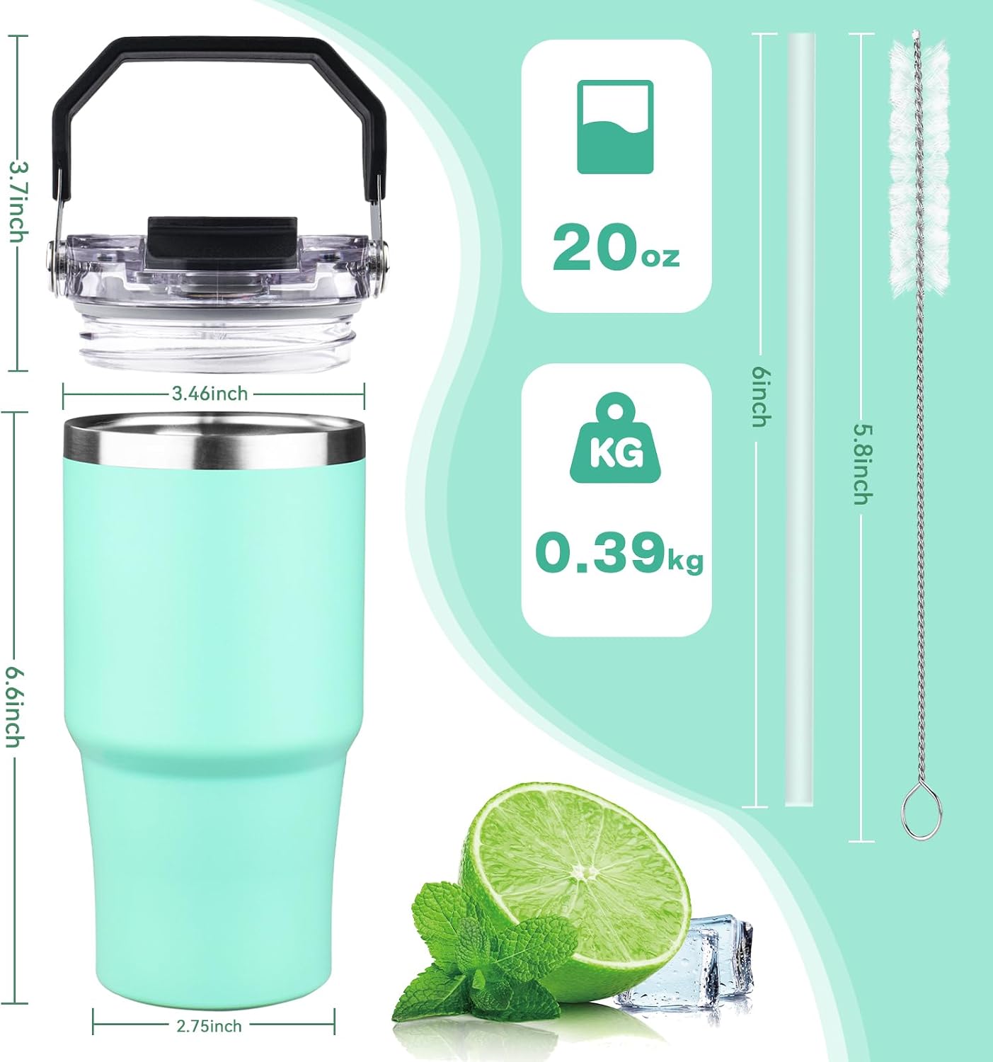 20oz Tumbler with Handle and Flip Straw Lid Double Wall Insulated Travel Coffee Mug Stainless Steel Vacuum Insulated Coffee Tumbler Cup for Hot and Cold Beverages,Leak-proof&BPA-free (20oz,Black)